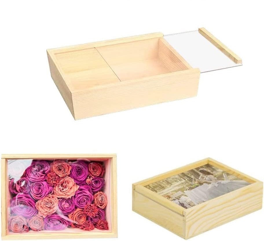 Wooden box with acrylic sliding lid – rectangular natural wood