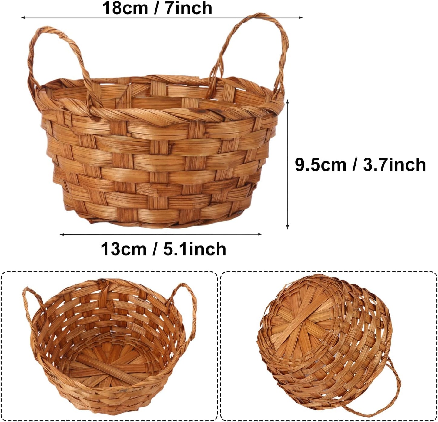 Pack of 10 bamboo baskets – round fruit and bread baskets with handles
