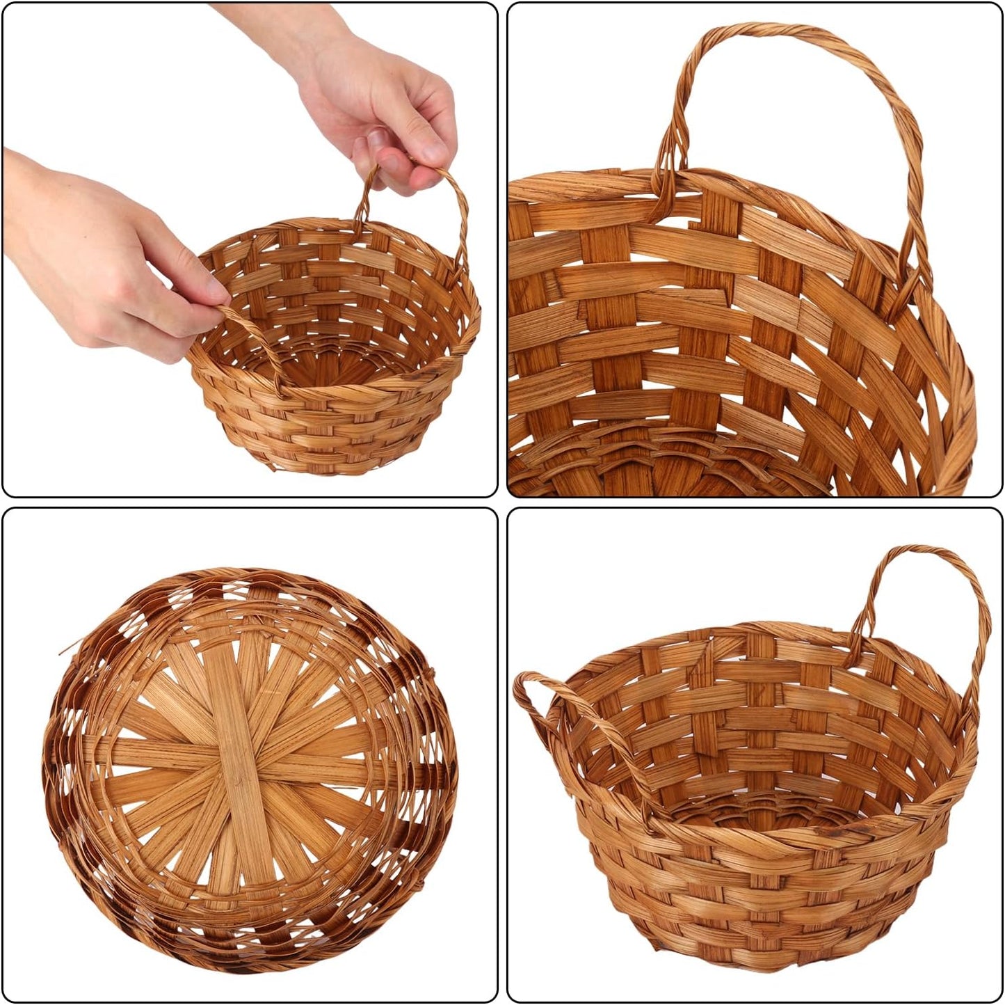 Pack of 10 bamboo baskets – round fruit and bread baskets with handles