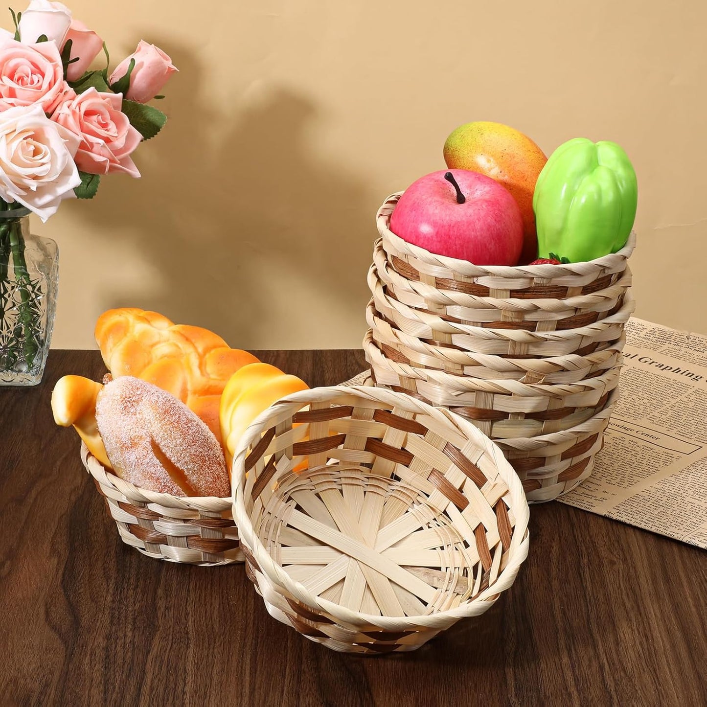 Pack of 12 Bamboo Baskets – Round Bread Baskets & Fruit Bowls