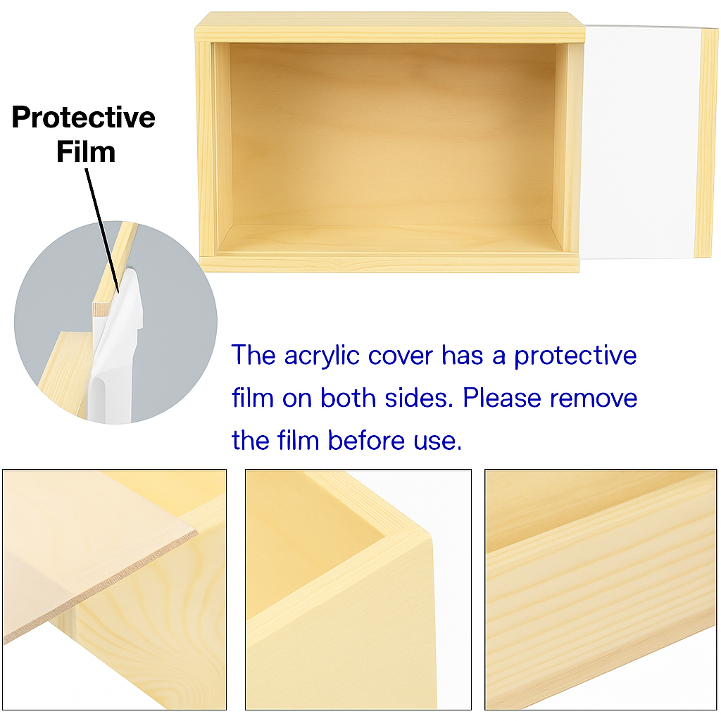 Wooden box with acrylic sliding lid – rectangular natural wood