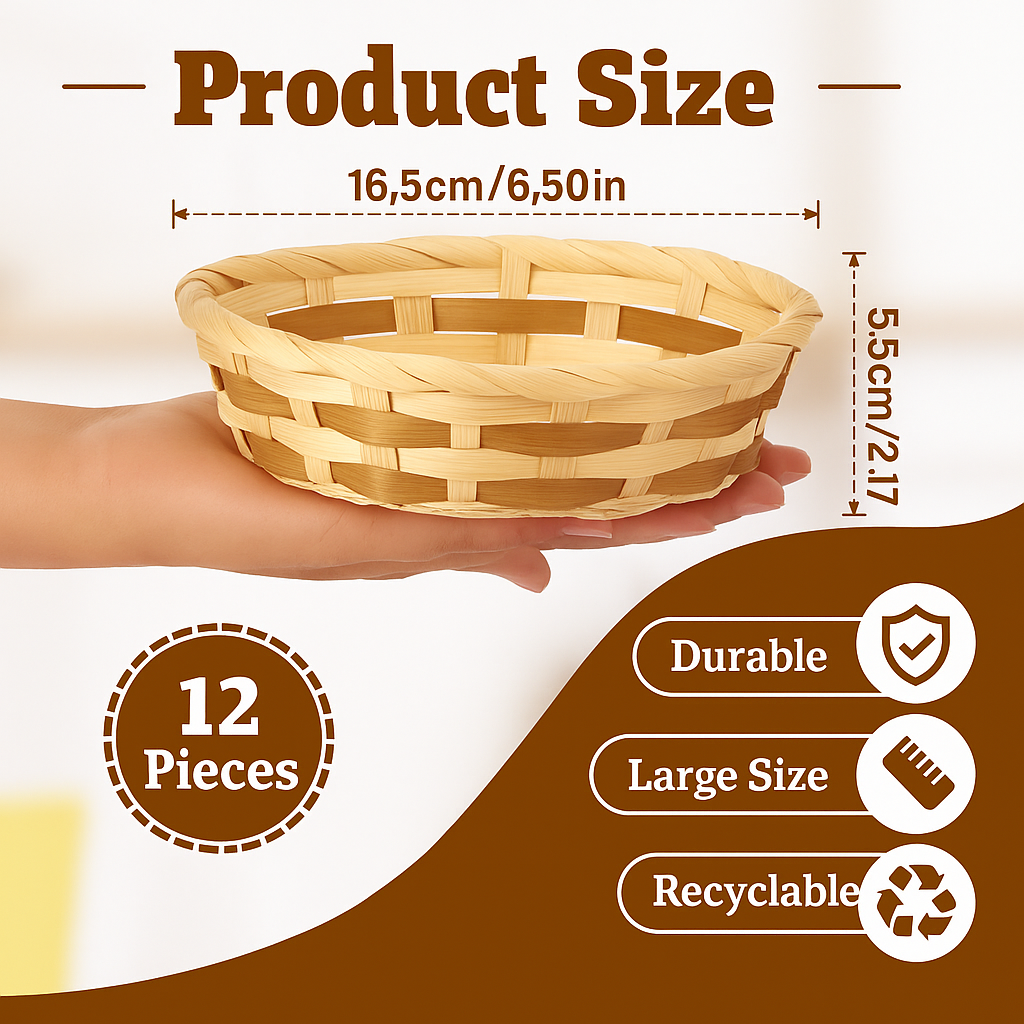 Pack of 12 Bamboo Baskets – Round Bread Baskets & Fruit Bowls