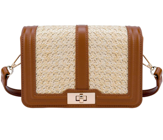 Straw Crossbody with Leather Stitch Detailing & Convertible Strap