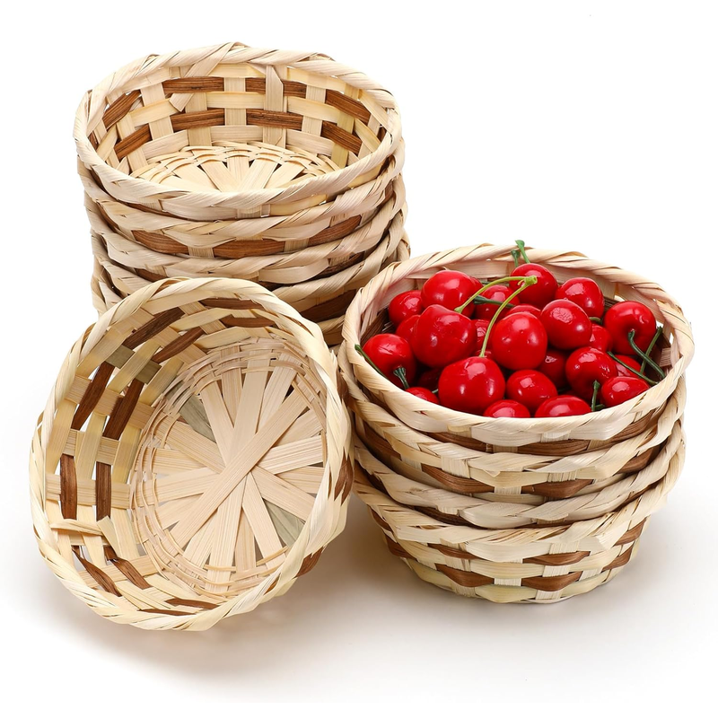 Pack of 12 Bamboo Baskets – Round Bread Baskets & Fruit Bowls
