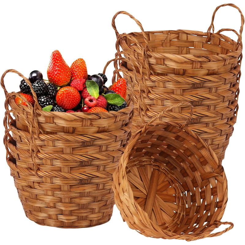 Pack of 10 bamboo baskets – round fruit and bread baskets with handles